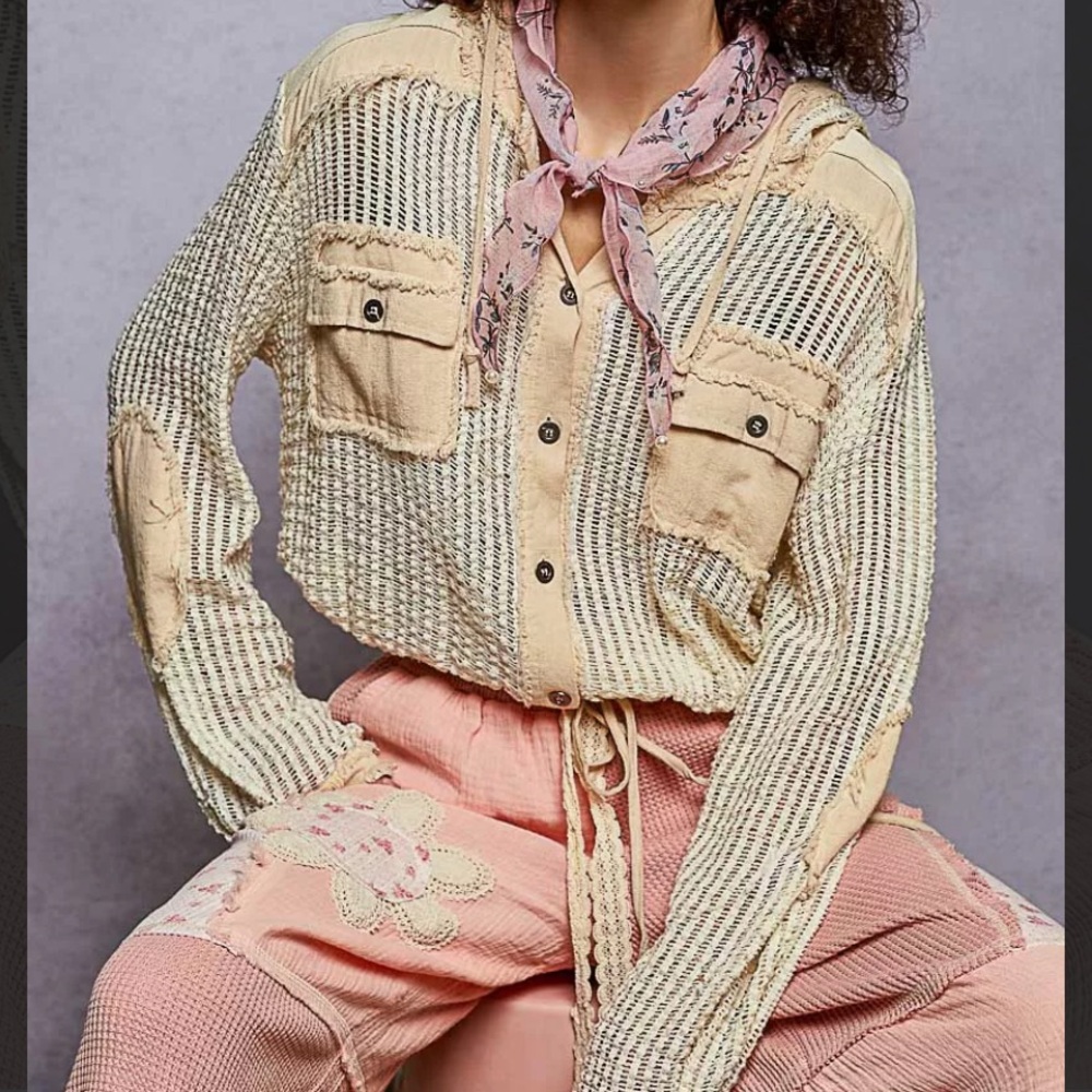 POL Texture Woven Button Down Hooded Shirt